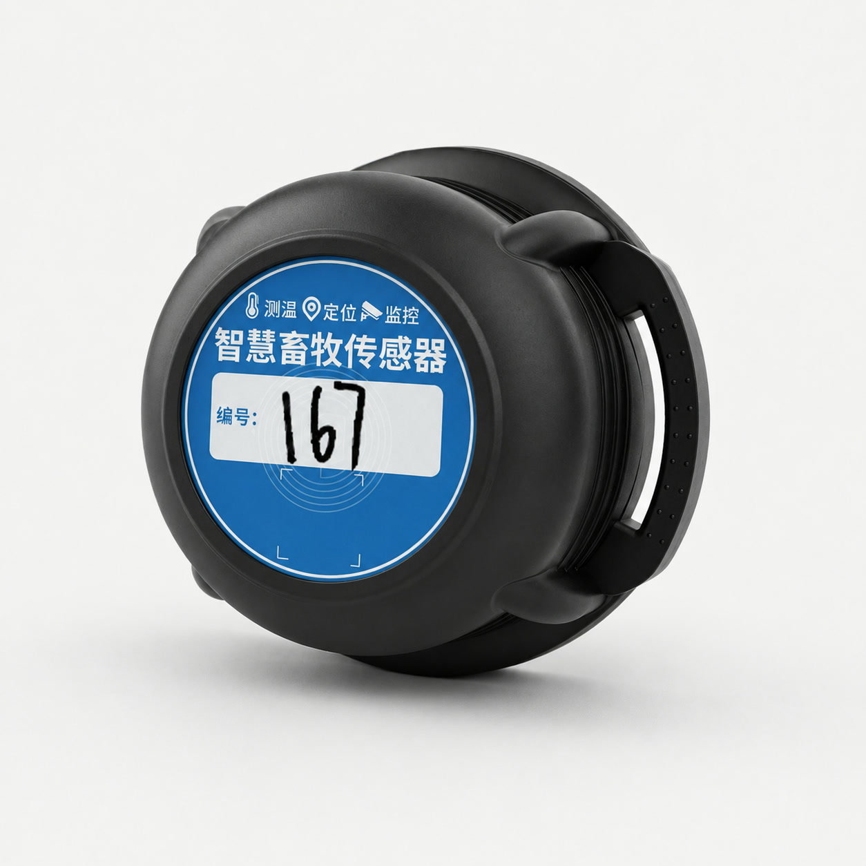 Smart livestock ear tag device on a clean product background